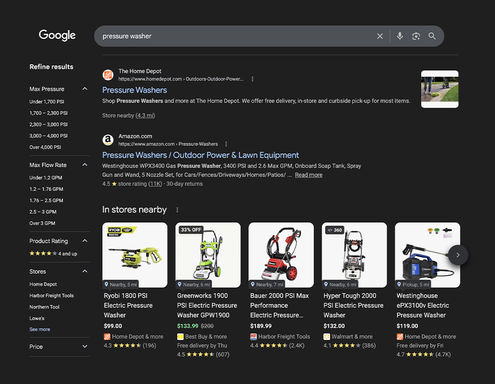 Google SERP for pressure washer