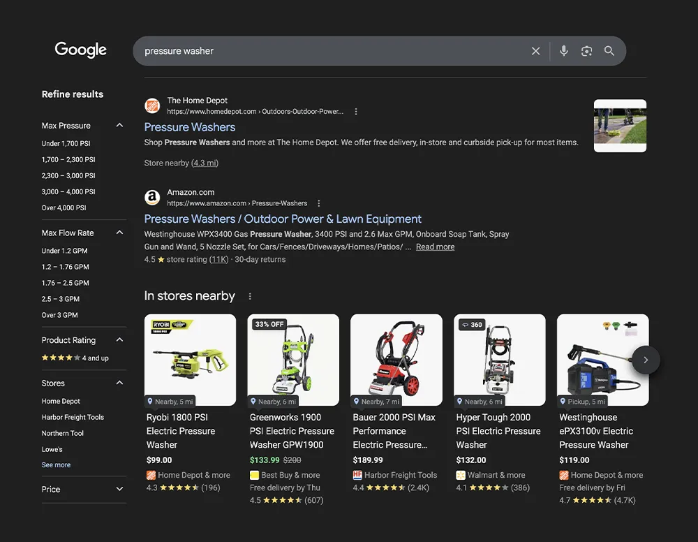 Google SERP for pressure washer